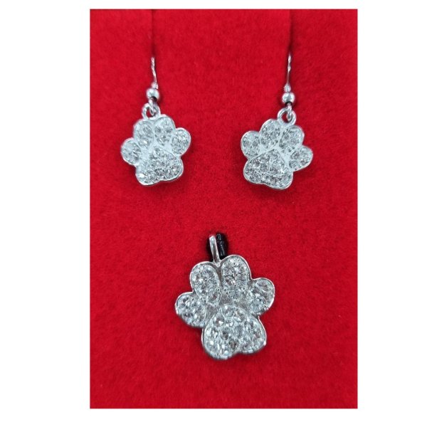 Paw Print Silver/Swarovski Matching Earrings & Dog/Cat Pendant