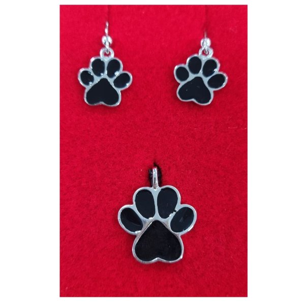 Paw Print Silver/Black Matching Earrings & Dog/Cat Pendant